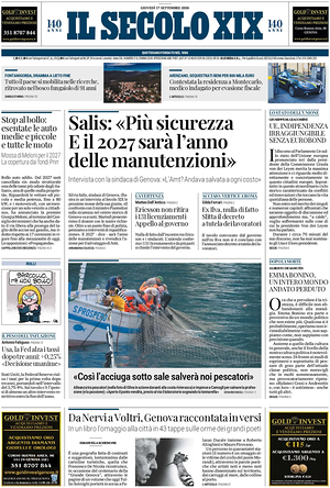 Prima pagina Il Secolo XIX di oggi - Quotidiano nazionale