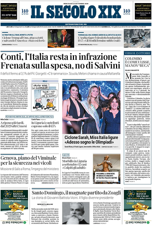 Prima pagina Il Secolo XIX di oggi - Quotidiano nazionale