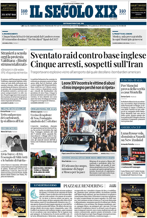 Prima pagina Il Secolo XIX di oggi - Quotidiano nazionale