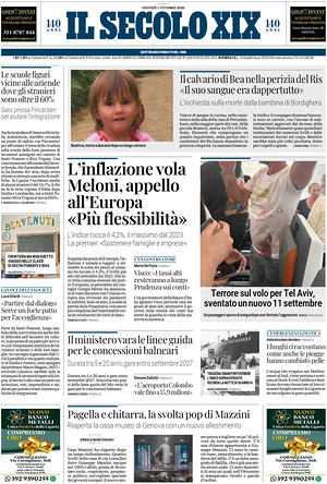 Prima pagina Il Secolo XIX di oggi - Quotidiano nazionale