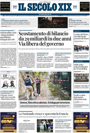 Prima pagina Il Secolo XIX di oggi - Quotidiano nazionale