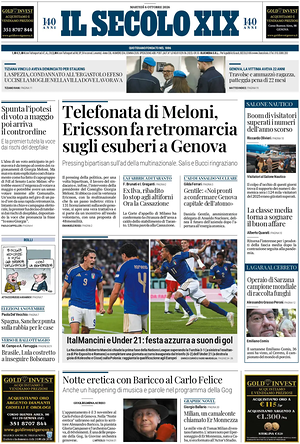Prima pagina Il Secolo XIX di oggi - Quotidiano nazionale