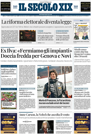 Prima pagina Il Secolo XIX di oggi - Quotidiano nazionale