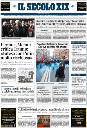 Prima pagina Il Secolo XIX di oggi - Quotidiano nazionale