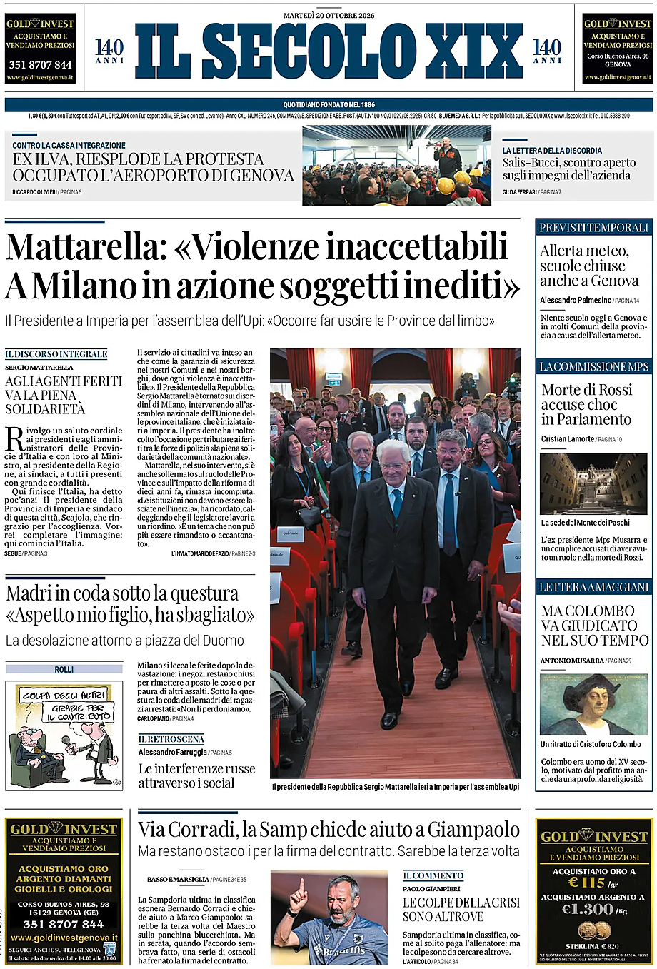 Prima pagina Il Secolo XIX di oggi - Edicola 20 Ottobre 2026
