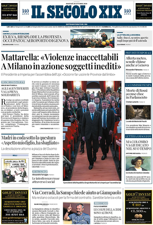 Prima pagina Il Secolo XIX di oggi - Quotidiano nazionale