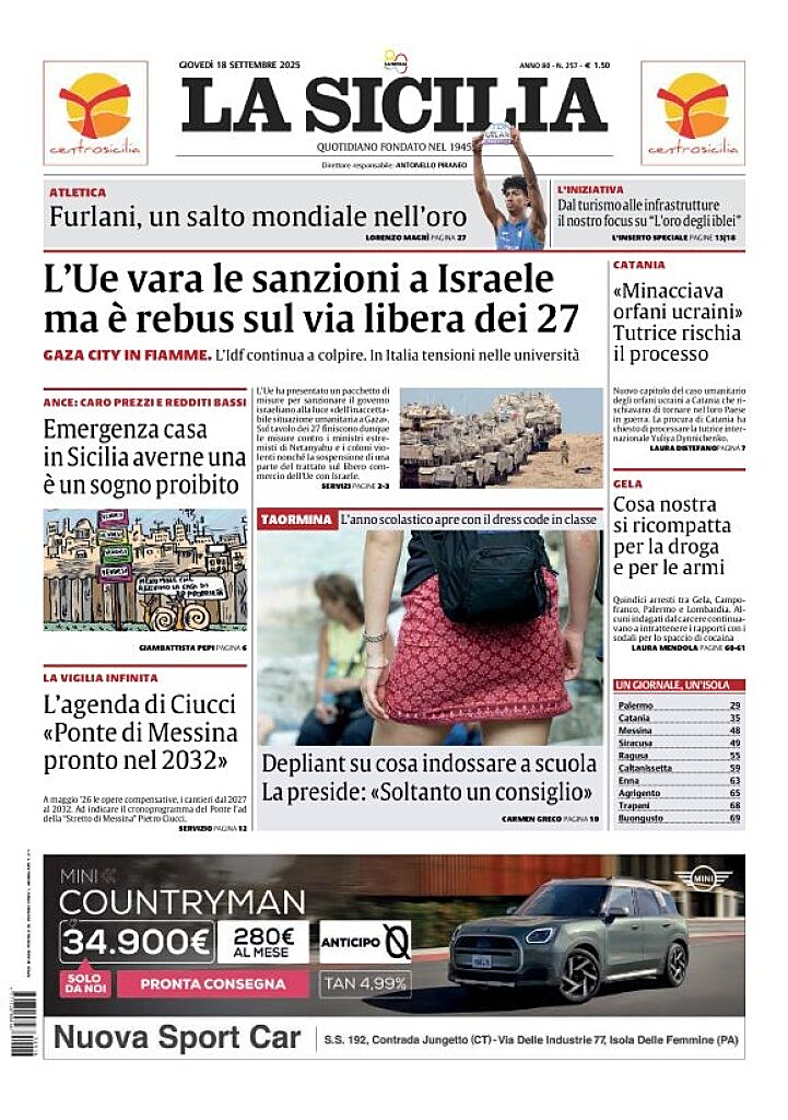 Prima pagina La Sicilia di oggi - Edicola 18 Settembre 2025