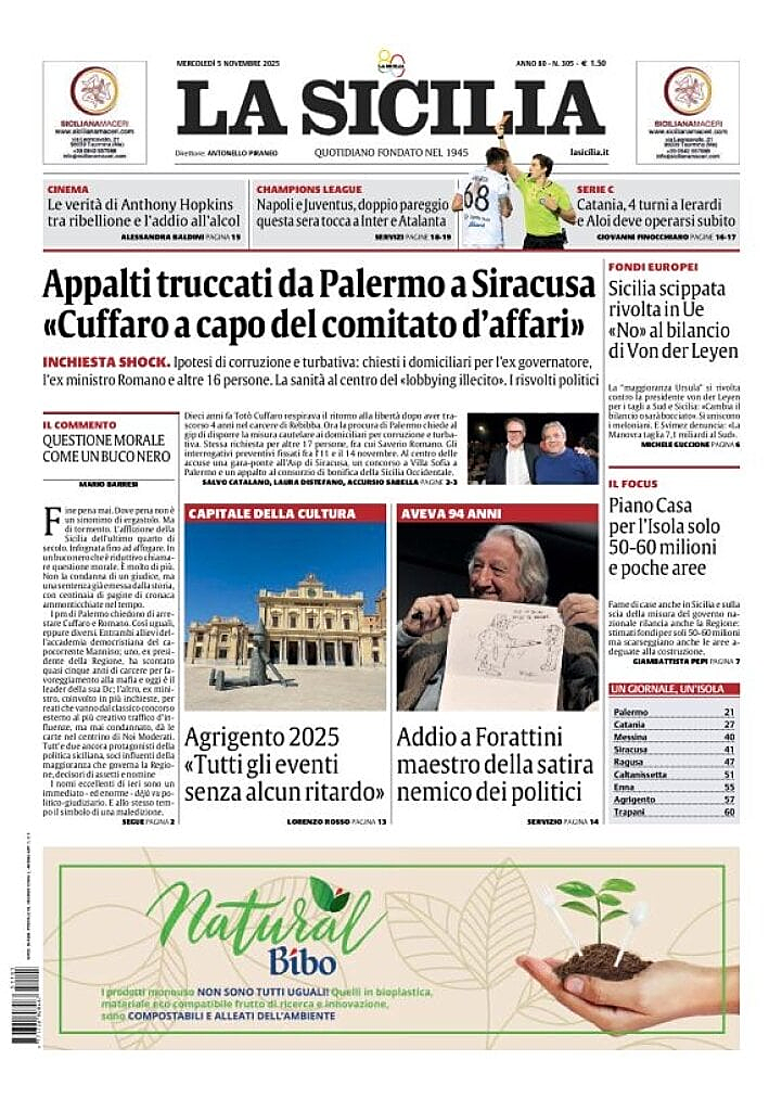 Prima pagina La Sicilia di oggi - Edicola 5 Novembre 2025