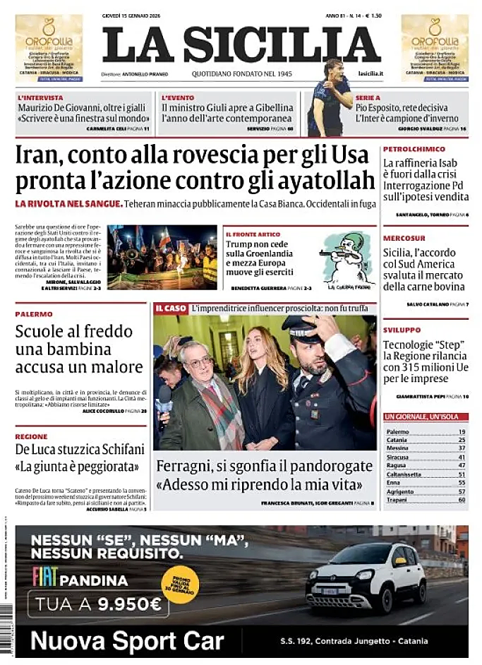 Prima pagina La Sicilia di oggi - Edicola 15 Gennaio 2026