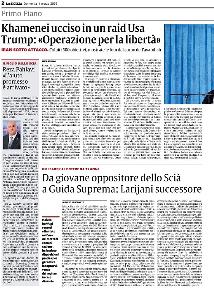 Prima pagina La Sicilia di oggi - Edicola 1 Marzo 2026