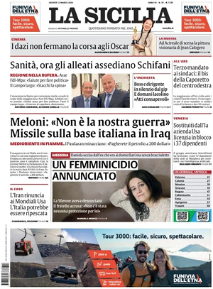 Prima pagina La Sicilia di oggi - Quotidiano regionale