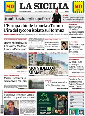 Prima pagina La Sicilia di oggi - Quotidiano regionale