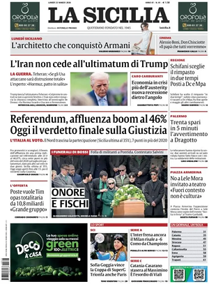 Prima pagina La Sicilia di oggi - Quotidiano regionale