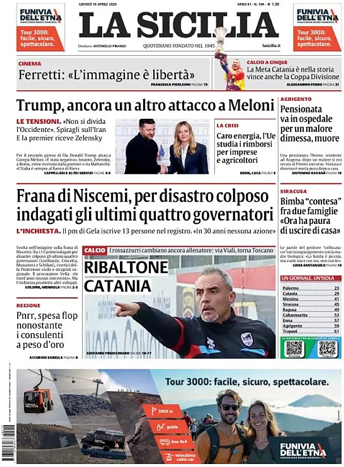 Prima pagina La Sicilia di oggi - Edicola 16 Aprile 2026