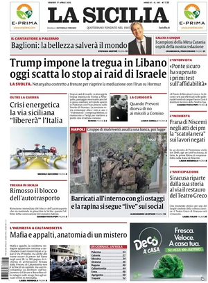 Prima pagina La Sicilia di oggi - Quotidiano regionale
