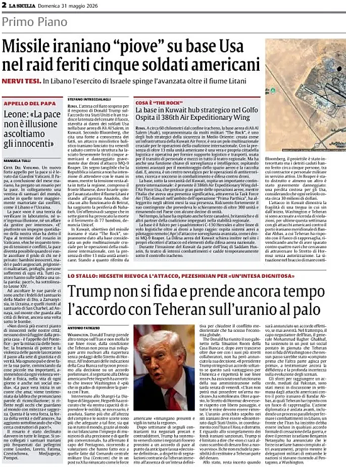 Prima pagina La Sicilia di oggi - Edicola 31 Maggio 2026