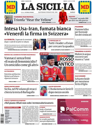 Prima pagina La Sicilia di oggi - Quotidiano regionale