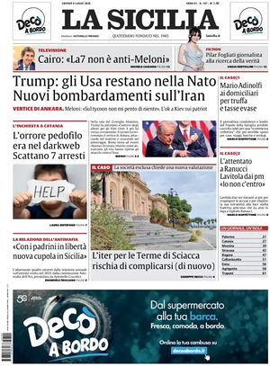 Prima pagina La Sicilia di oggi - Quotidiano regionale