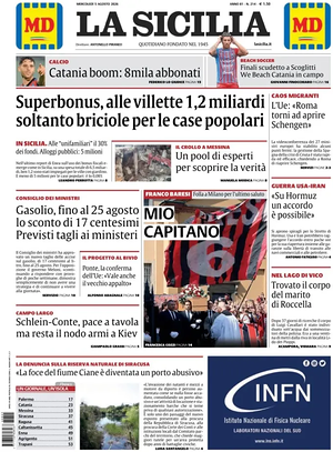 Prima pagina La Sicilia di oggi - Quotidiano regionale
