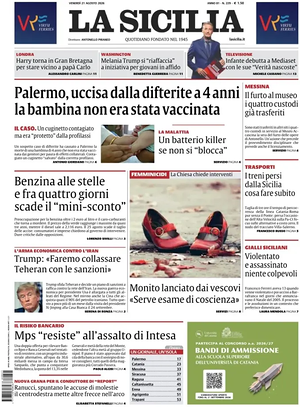 Prima pagina La Sicilia di oggi - Quotidiano regionale