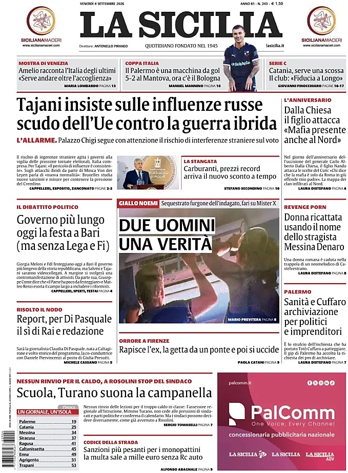 Prima pagina La Sicilia di oggi - Edicola 4 Settembre 2026