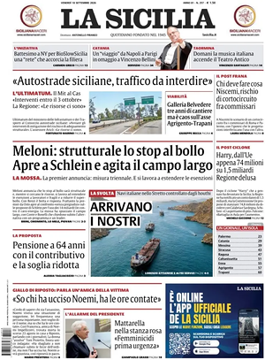 Prima pagina La Sicilia di oggi - Quotidiano regionale