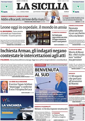 Prima pagina La Sicilia di oggi - Quotidiano regionale