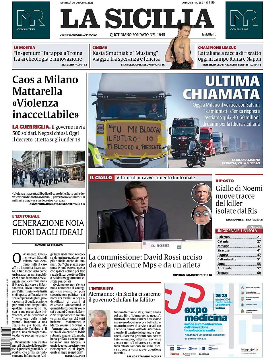 Prima pagina La Sicilia di oggi - Edicola 20 Ottobre 2026