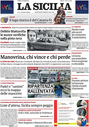 Prima pagina La Sicilia di oggi - Quotidiano regionale