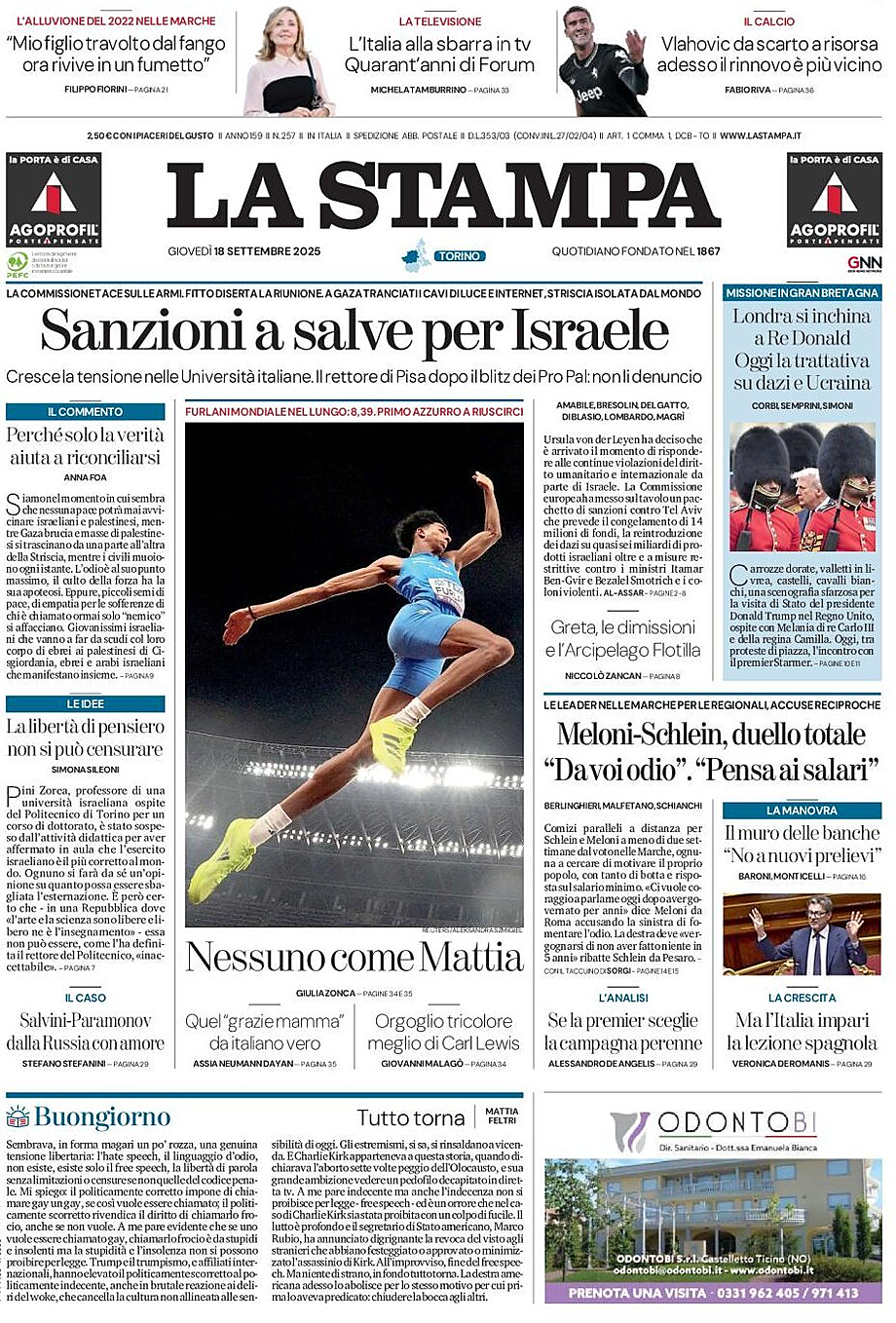 Prima pagina La Stampa di oggi - Edicola 18 Settembre 2025