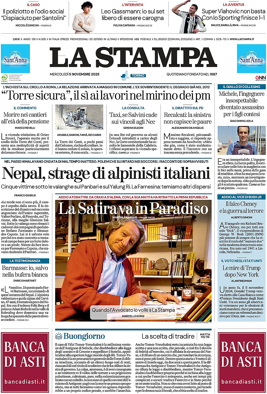 Prima pagina La Stampa di oggi - Edicola 5 Novembre 2025