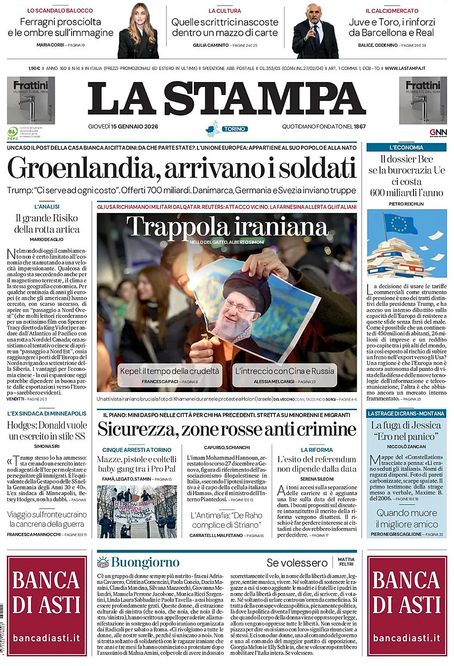 Prima pagina La Stampa di oggi - Edicola 15 Gennaio 2026