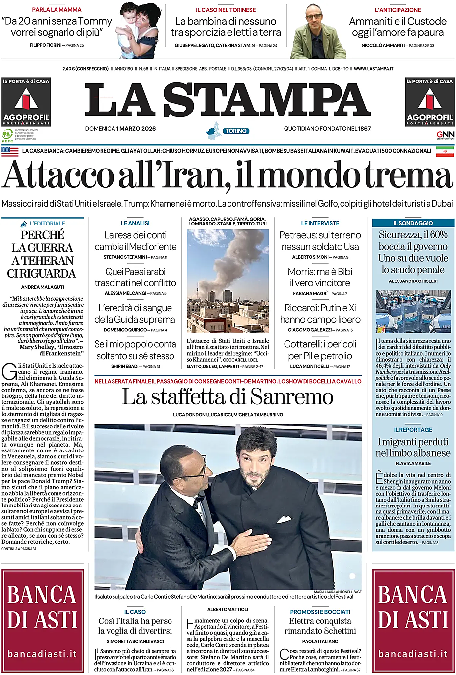 Prima pagina La Stampa di oggi - Edicola 1 Marzo 2026