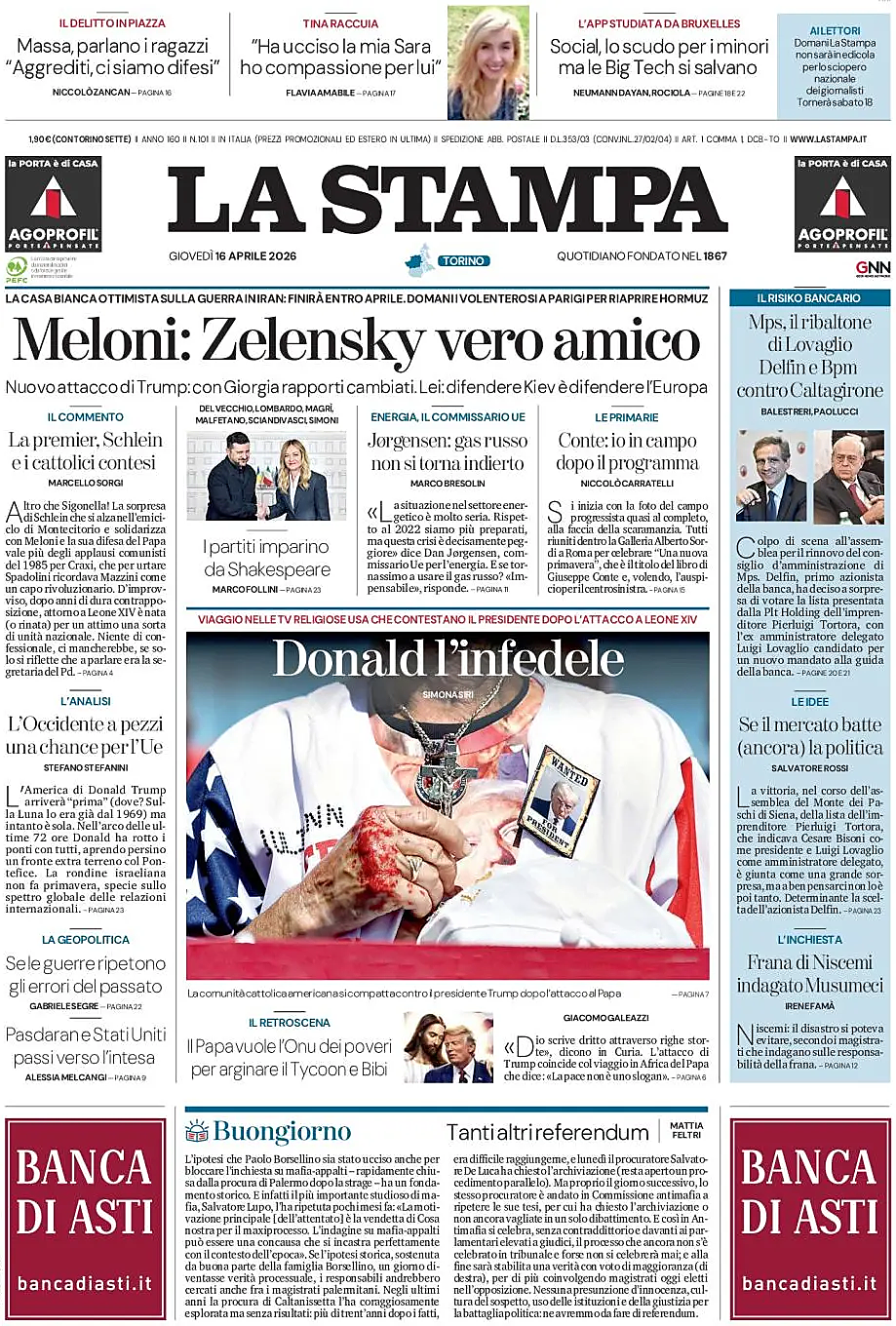 Prima pagina La Stampa di oggi - Edicola 16 Aprile 2026
