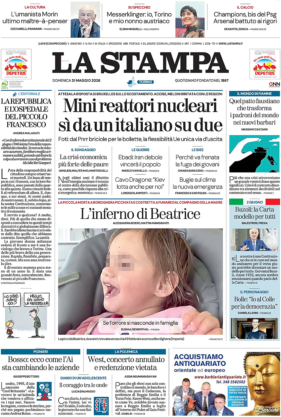 Prima pagina La Stampa di oggi - Edicola 31 Maggio 2026