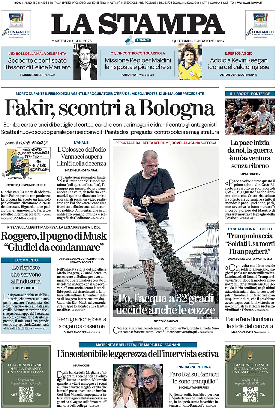 Prima pagina La Stampa di oggi - Edicola 21 Luglio 2026
