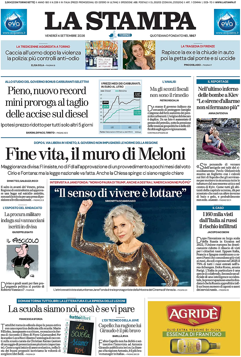 Prima pagina La Stampa di oggi - Edicola 4 Settembre 2026