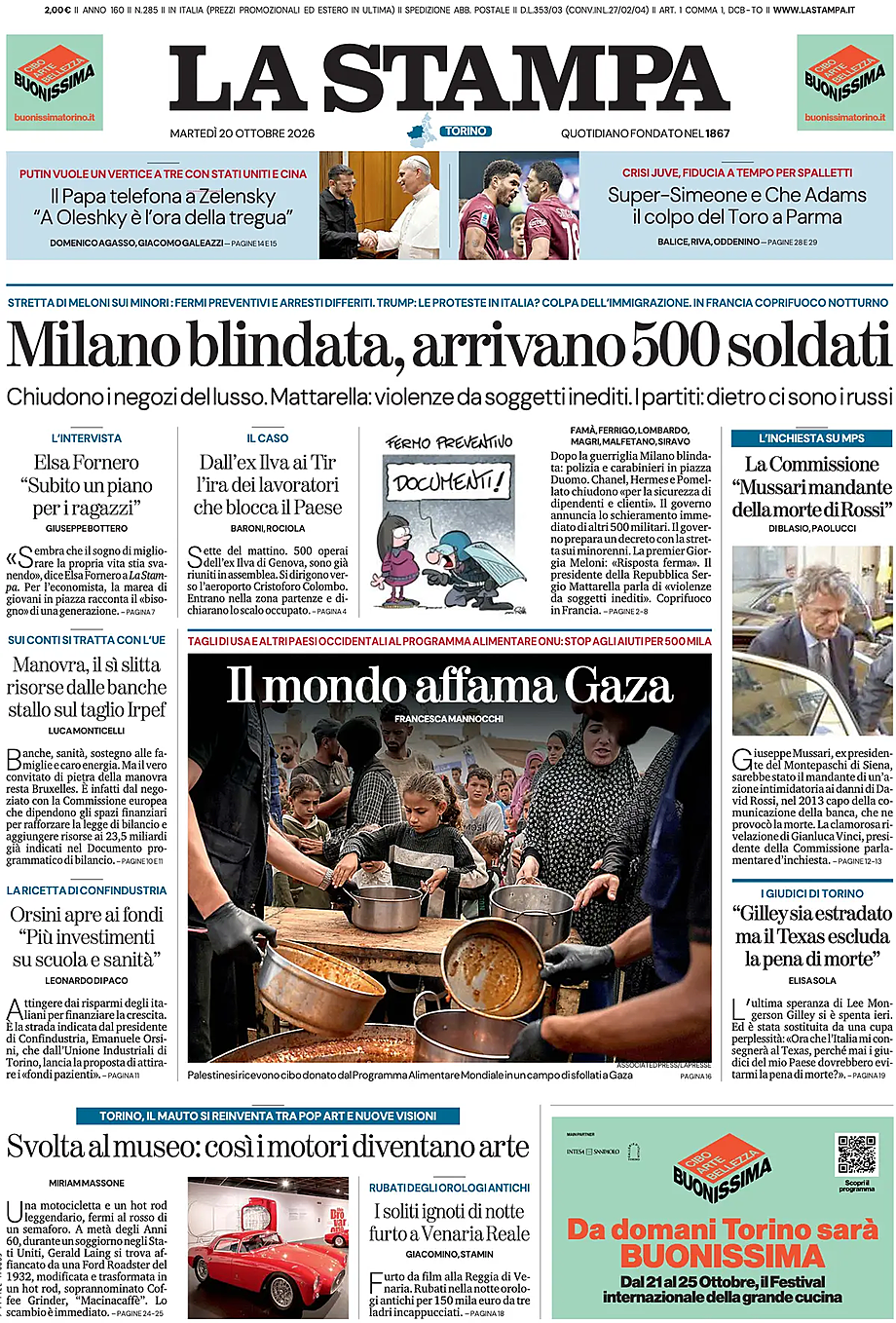 Prima pagina La Stampa di oggi - Edicola 20 Ottobre 2026