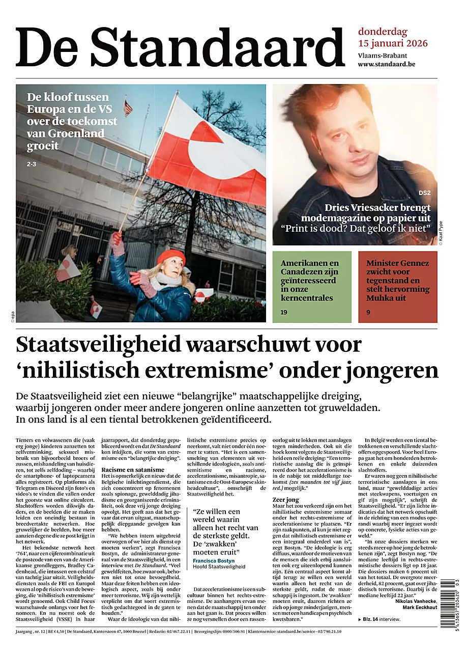 Prima pagina De Standaard di oggi - Edicola 15 Gennaio 2026