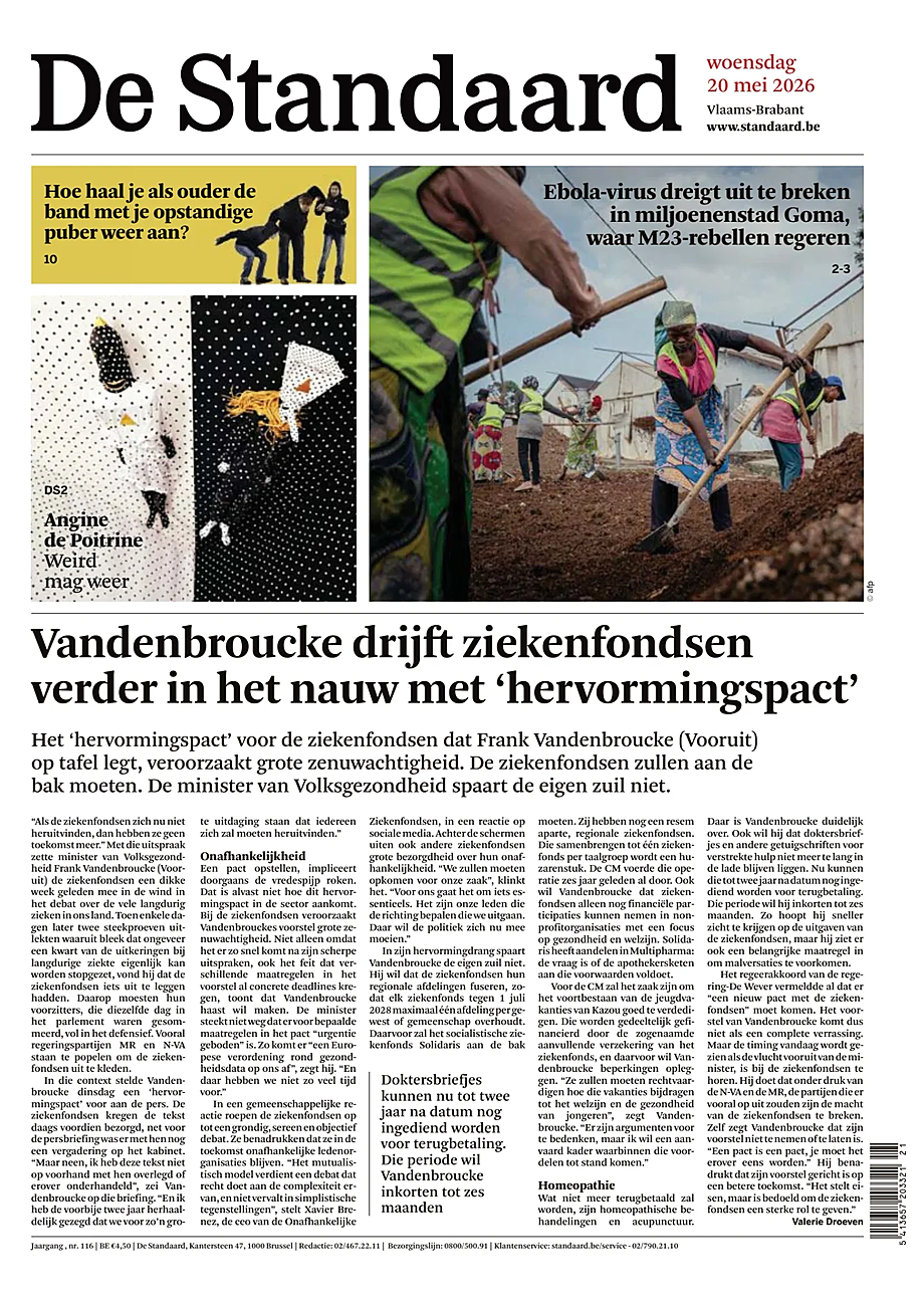 Portada De Standaard de hoy - Quiosco 20 mayo 2026