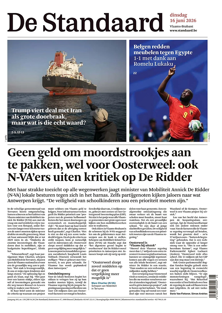 Portada De Standaard de hoy - Quiosco 16 junio 2026