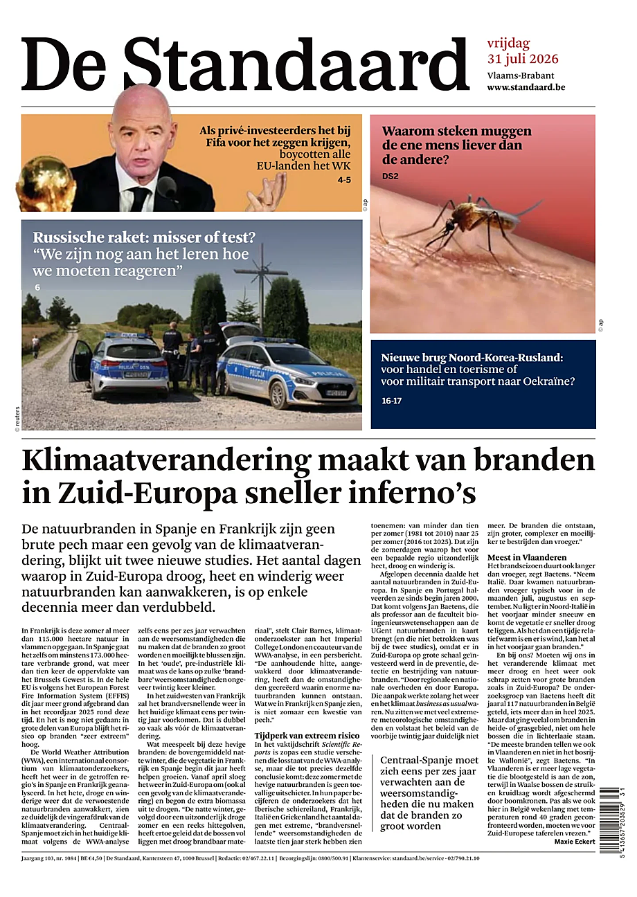 Portada De Standaard de hoy - Quiosco 31 julio 2026