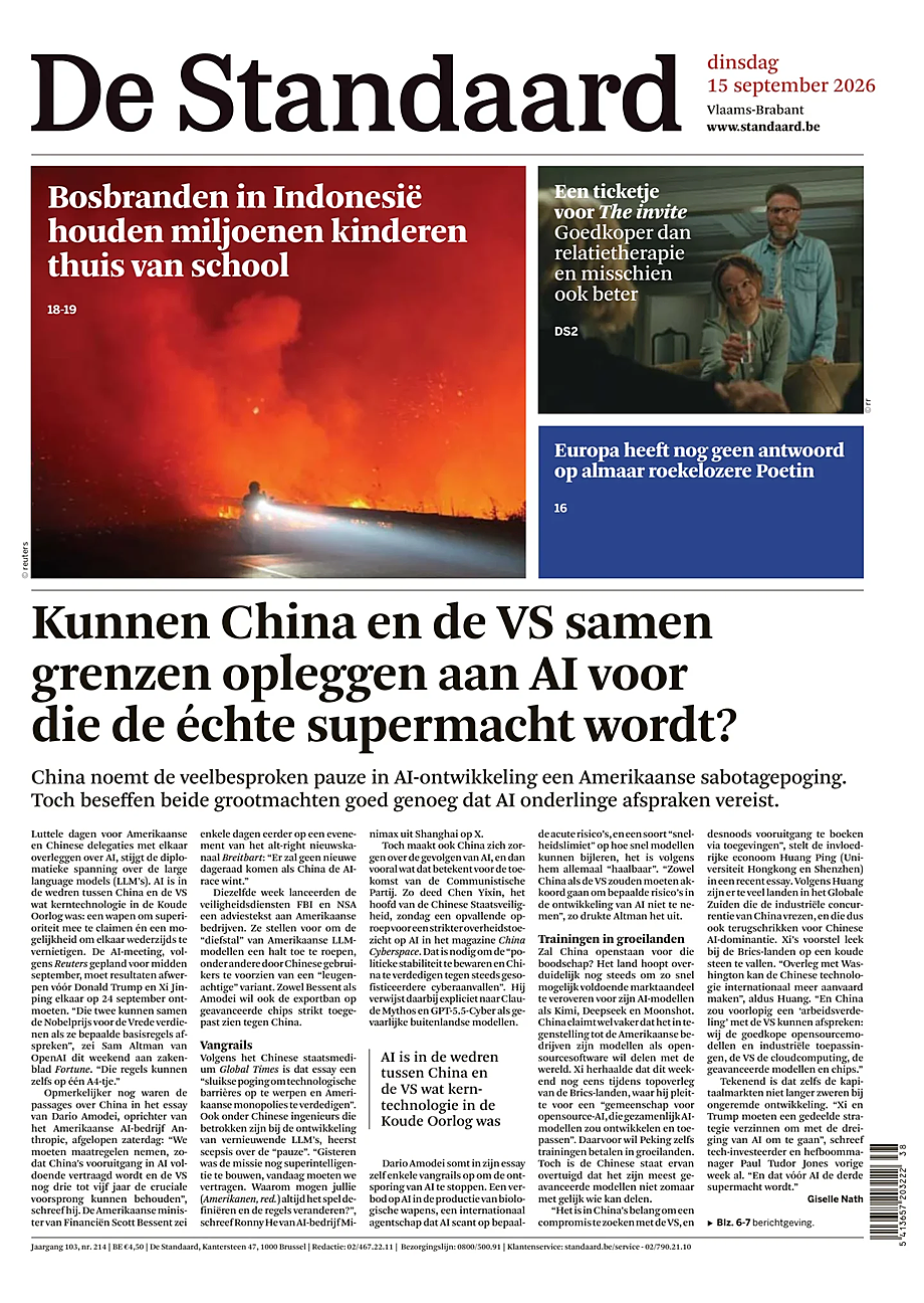 Portada De Standaard de hoy - Quiosco 15 septiembre 2026
