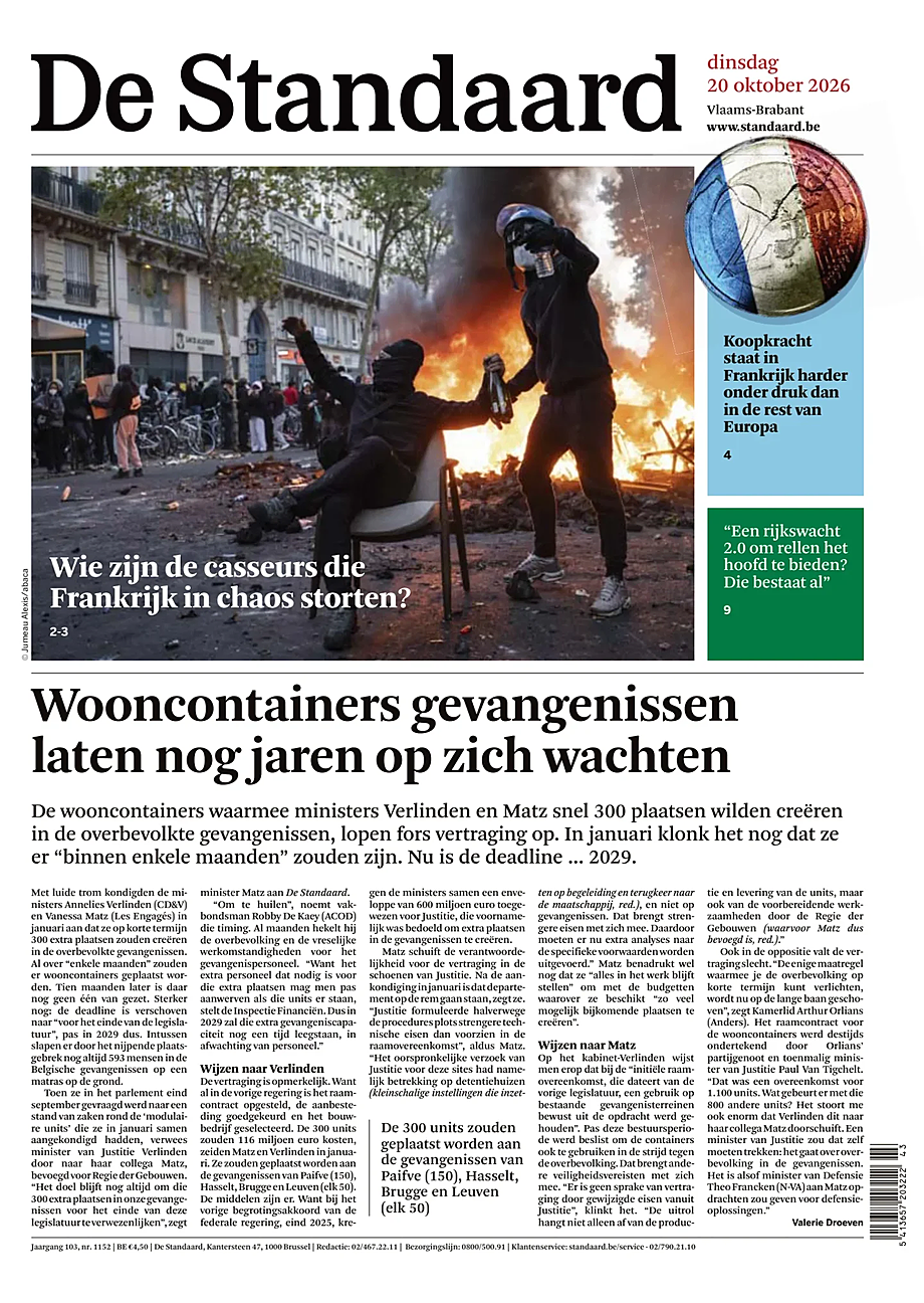 Prima pagina De Standaard di oggi - Edicola 20 Ottobre 2026
