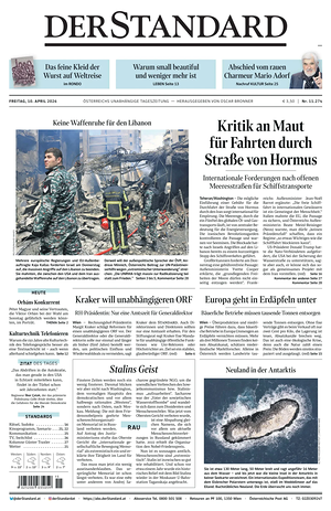 Prima pagina Der Standard di oggi - Quotidiano estero
