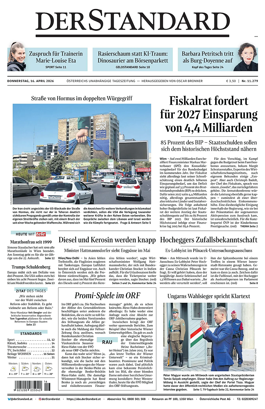 Prima pagina Der Standard di oggi - Edicola 16 Aprile 2026