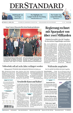 Prima pagina Der Standard di oggi - Quotidiano estero