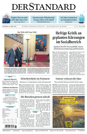 Prima pagina Der Standard di oggi - Quotidiano estero