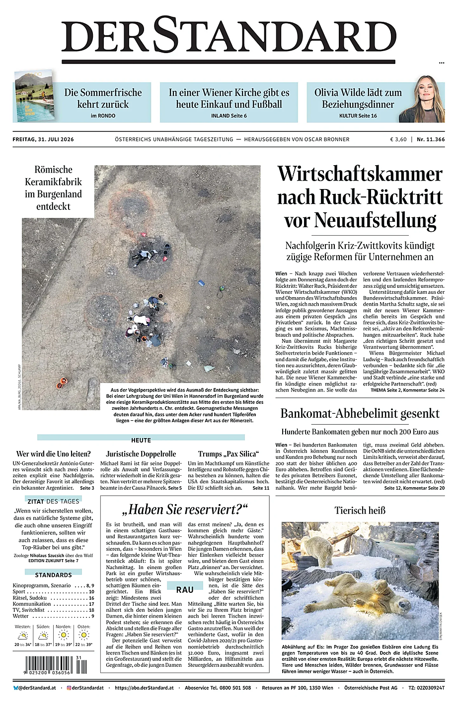 Portada Der Standard de hoy - Quiosco 31 julio 2026