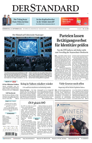 Prima pagina Der Standard di oggi - Quotidiano estero